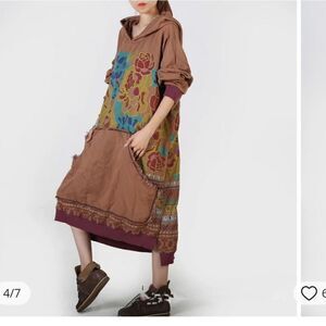 Loose Ethnic Floral Hoodie Sweatshirt Dress new